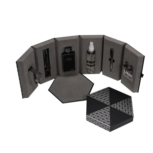 🖤 Deraah Black Link Men's Accessories Gift Set (Perfume, Pen, Rosary, Cufflinks & Watch)