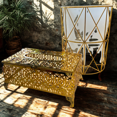 Golden Arabic Trash Can & Tissue Box Set – Luxury Metal Home Décor