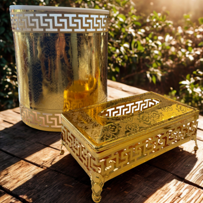 Golden Arabic Trash Can & Tissue Box Set – Luxury Metal Design (New Style)