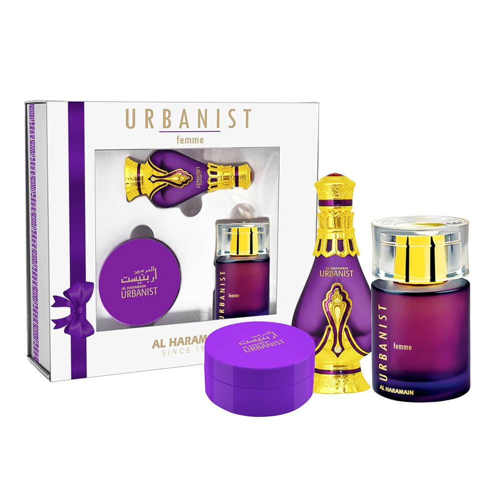Al Haramain Urbanist Femme Gift Set – EDP 100ml + Perfume Oil 20ml + Bakhoor 40g | Elegant Fruity Floral Fragrance for Women