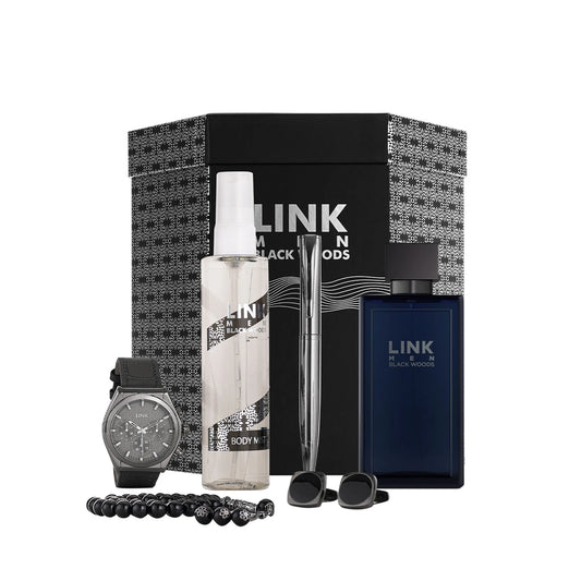 🖤 Deraah Black Link Men's Accessories Gift Set (Perfume, Pen, Rosary, Cufflinks & Watch)