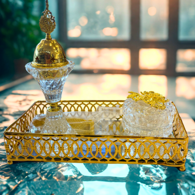 4-Piece Bakhoor Incense Burner Set – Arabic Design (Burner, Storage Jar, Tray & Tong)