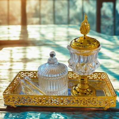 4-Piece Bakhoor Burner Set – Elegant Arabic Design (Burner, Jar, Tray & Tong)