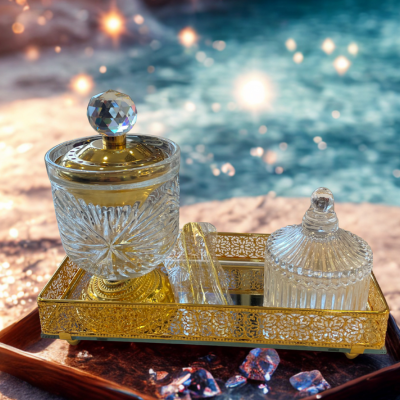 4-Piece Bakhoor Burner Set – Luxury Arabic Pattern (Burner, Jar, Tray & Tong)
