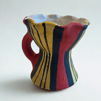 Yemeni Small Mabkhara – Clay Incense Burner with Single Side Holder (Red, Black & Yellow Stripes)