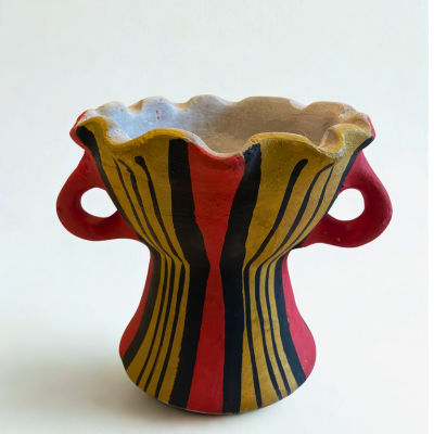 Yemeni Mabkhara – Large Clay Incense Burner with Side Holders (Red, Black & Yellow Stripes)