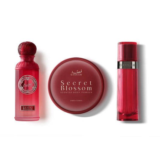 Gissah Secret Blossom Gift Set | EDP Perfume + Body Powder + Khamriya | Floral Fruity Luxury