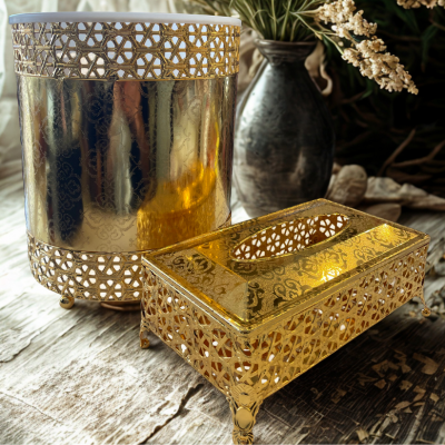 Golden Arabic Trash Can & Tissue Box Set – Premium Metal Design