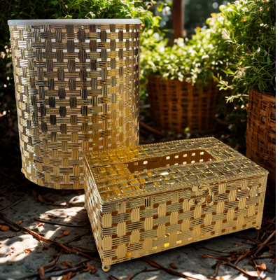 Golden Arabic Trash Can & Tissue Box Set – Elegant Metal Design (Gold)
