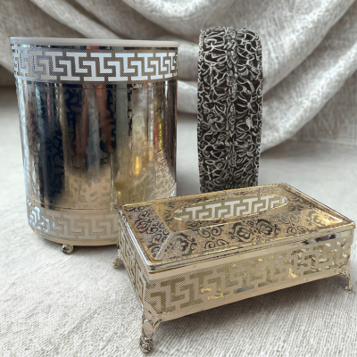 Silver Arabic Trash Can & Tissue Box Set – Elegant Metal Design (Silver)