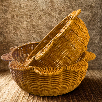 Yemeni Style 2 Round Rattan Storage Baskets – Flower-Edge Bread & Fruit Organizer
