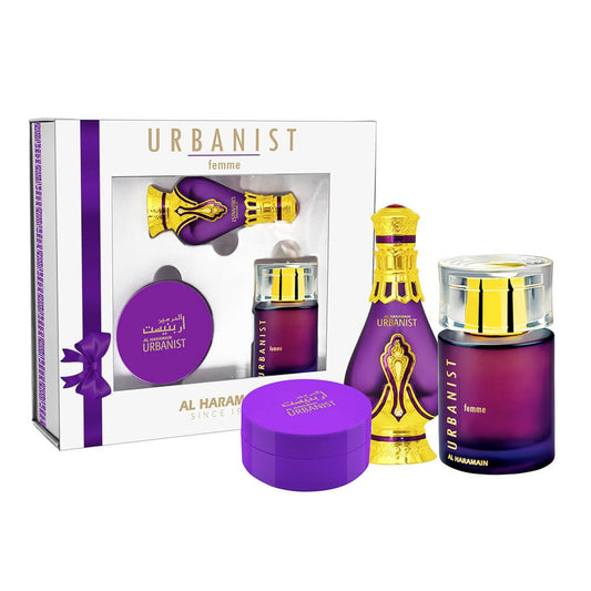 Al Haramain Urbanist Femme Gift Set – EDP 100ml + Perfume Oil 20ml + Bakhoor 40g | Elegant Fruity Floral Fragrance for Women