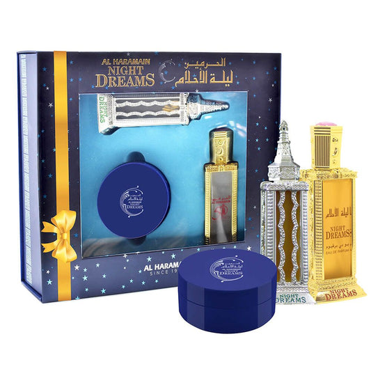 Al Haramain Night Dreams Gift Set – EDP 60ml + Perfume Oil 30ml + Bukhoor 40g | Spicy Woody Fragrance for Him & Her