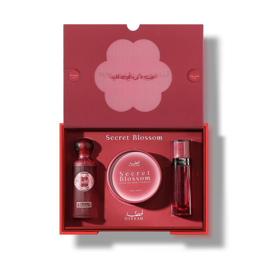 Gissah Secret Blossom Gift Set | EDP Perfume + Body Powder + Khamriya | Floral Fruity Luxury