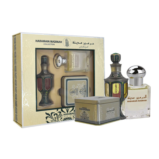 Al Haramain Madinah Collection Gift Set – EDP 100ml + Perfume Oil 30ml + Bukhoor 40g | Floral Oriental Unisex Fragrance