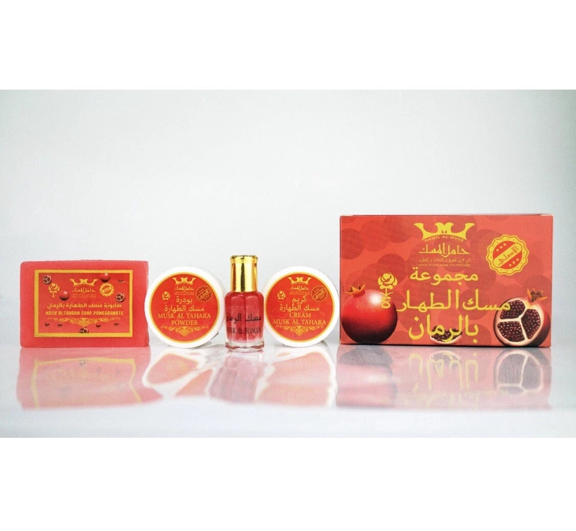 Pomegranate Musk Al Tahara Set – Oil, Powder, Soap & Cream | Fruity White Musk Gift Set – Hamil Al Musk Saudi